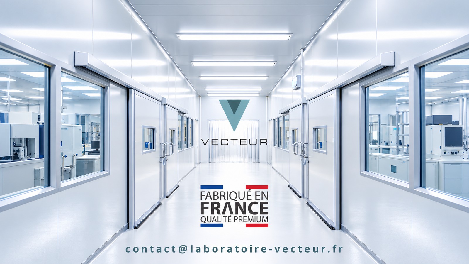 La salle blanche du Laboratoire Vecteur : un couloir d'ateliers vitrés, de part et d'autre.